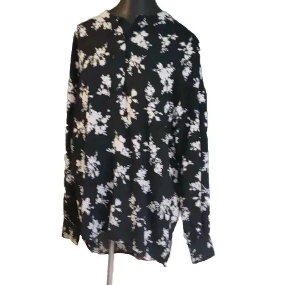 Time and Tru Lightweight Polyester Black/White Floral Blouse Sz L 12-14